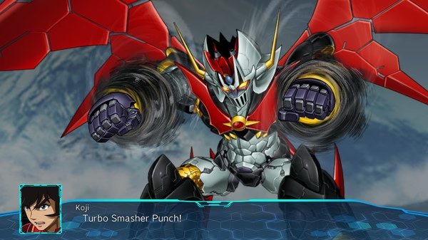 Super Robot Wars 30 screenshot: A dynamic scene shows a robot launching the Turbo Smasher Punch with energy swirling around its fists.