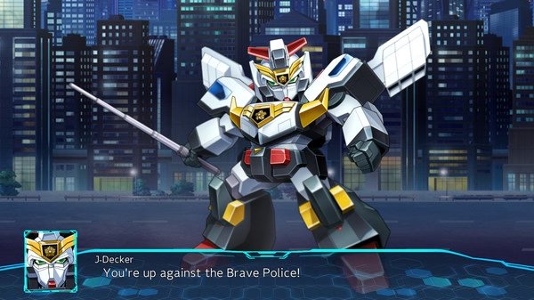 Screenshot from Super Robot Wars 30 showing a large robot with a sword, set against a cityscape backdrop at night.