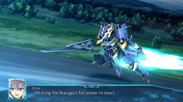 A screenshot from Super Robot Wars 30 showing a mecha named Ikaruga flying at high speed with a sword in a dynamic pose.