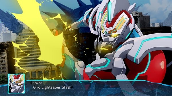 Super Robot Wars 30 screenshot: Gridman unleashes the Grid Lightsaber Slash, glowing brightly against a cityscape backdrop.