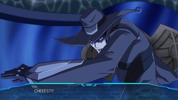 Screenshot from Super Robot Wars 30 showing Van shouting "CHEEEST!" while striking a dynamic pose against a blue-themed background.