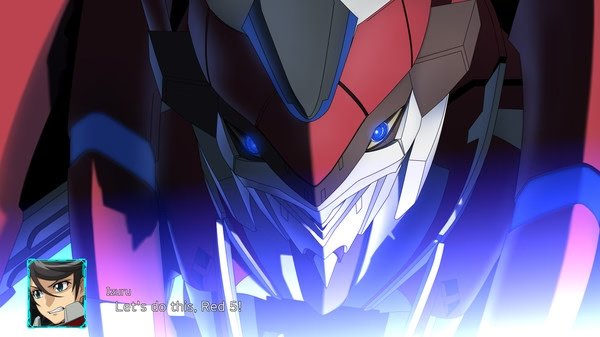 Super Robot Wars 30 screenshot: Close-up of a red and silver robot's face with blue eyes, dialogue box visible in the corner.