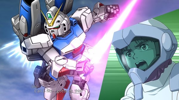 Screenshot of Super Robot Wars 30 showing a robot with a glowing pink sword on the left and a character in a helmet on the right.