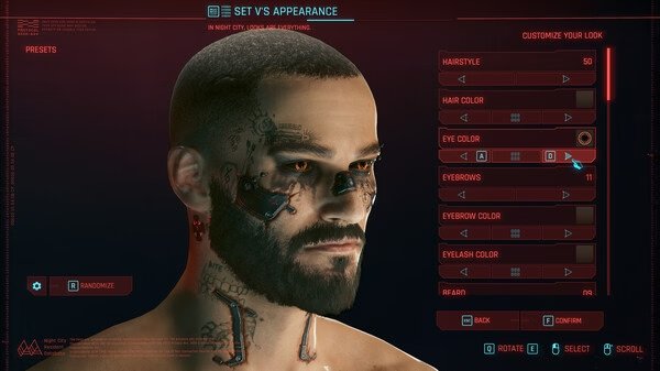 Character customization screen in Cyberpunk 2077 screenshot, showing options for hairstyle, eye color, and other appearance settings.