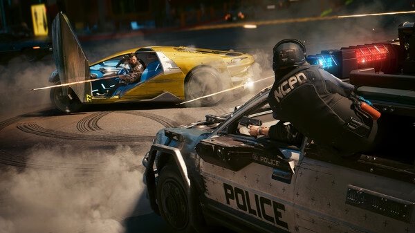 A Cyberpunk 2077 screenshot showing a high-speed chase, with a police car pursuing a sleek yellow sports car amidst smoke and chaos.