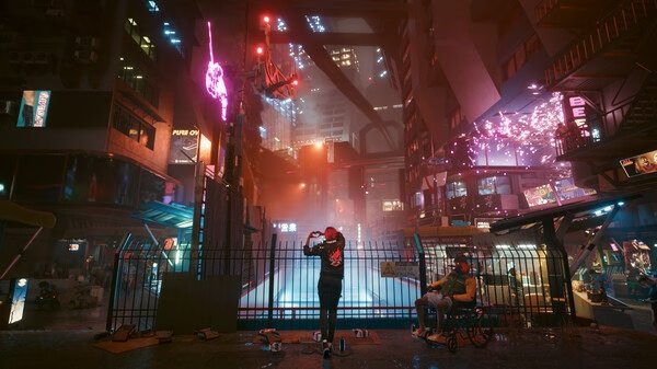 Cyberpunk 2077 screenshot: A character stands in a neon-lit cityscape at night, capturing the vibrant scene on a smartphone.