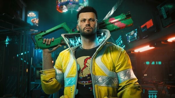 A 'Cyberpunk 2077' screenshot featuring a character in a yellow jacket holding a green weapon in a neon-lit environment.