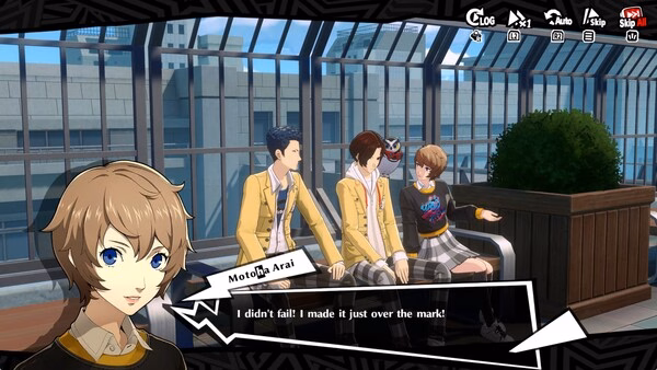 Screenshot from Persona 5: The Phantom X showing three characters talking on a rooftop, with speech bubble dialogue visible.