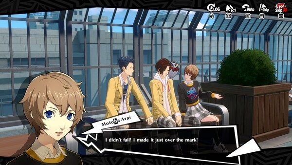 Screenshot from Persona 5: The Phantom X showing three characters talking on a rooftop, with speech bubble dialogue visible.