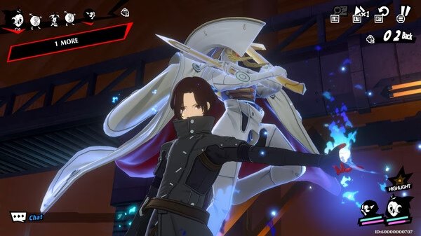Screenshot from Persona5: The Phantom X showing a character summoning a persona with glowing blue effects in a dynamic battle scene.