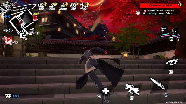 Screenshot from Persona5: The Phantom X showing a character running up stone steps toward a dark building under a red sky.