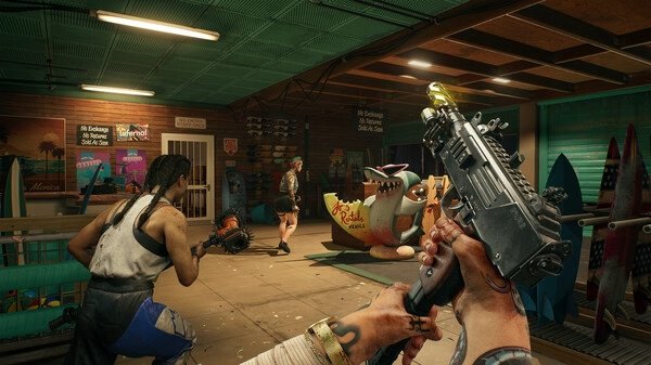 Screenshot from Dead Island 2 showing characters in a surf shop, one holding a weapon, with surfboards and shark decor around.