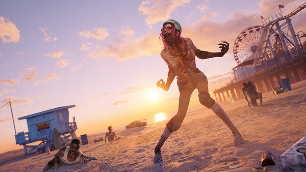 Screenshot from Dead Island 2 showing zombies on a beach at sunset, with a ferris wheel and lifeguard towers in the background.