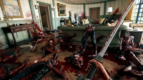 A 'Dead Island 2' screenshot shows a chaotic room with multiple zombies, blood splatters, and a character wielding a katana.
