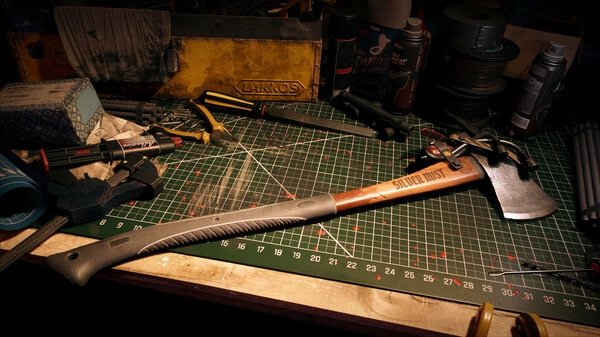 Dead Island 2 screenshot: A detailed workbench covered in tools and weapons, with a crafted axe labeled "Slider Must" prominently displayed.