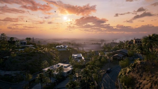 Screenshot from Dead Island 2 showing a scenic sunset view of a residential area with houses, trees, and a distant misty horizon.