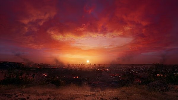 Screenshot from Dead Island 2 showing a fiery sunset over a city skyline, with dark smoke rising from scattered fires.