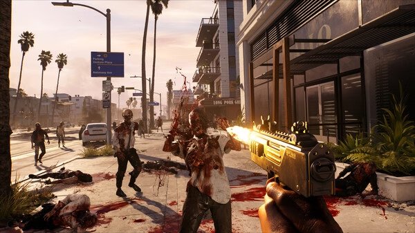 Dead Island 2 screenshot: A player fires a glowing gun at approaching zombies on a sunny urban street with palm trees and buildings.
