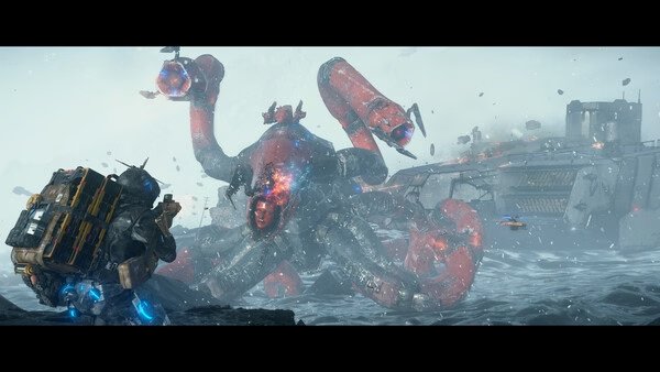 DEATH STRANDING 2: ON THE BEACH screenshot showing a character facing a massive red mechanical octopus by the shoreline.
