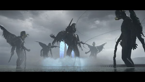 Screenshot from DEATH STRANDING 2: ON THE BEACH showing ghostly figures emerging from the mist on a desolate shoreline.