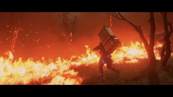 Screenshot from DEATH STRANDING 2: ON THE BEACH shows a character carrying cargo through a fiery, desolate landscape.