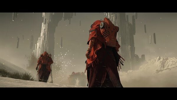 Screenshot from DEATH STRANDING 2: ON THE BEACH showing figures in red suits walking on a snowy landscape with tall structures.