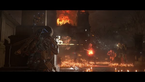 DEATH STRANDING 2: ON THE BEACH screenshot showing a character in combat amidst fiery explosions and glowing debris in a dark setting.