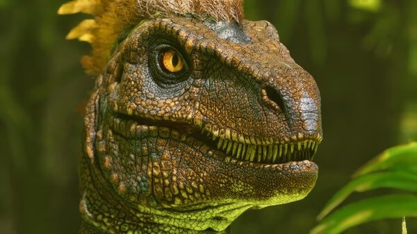 Screenshot from ARK: Survival Ascended featuring a close-up view of a detailed dinosaur with vibrant scales in a lush jungle setting.