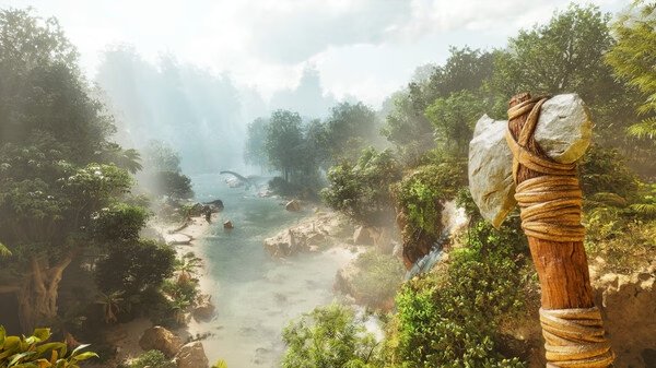 Screenshot from ARK: Survival Ascended showing a crafted stone axe in a lush, sunlit forest near a tranquil river.