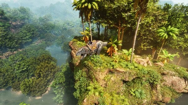 Screenshot from ARK: Survival Ascended showing a player riding a dinosaur on a dense, lush cliffside overlooking a vast jungle.