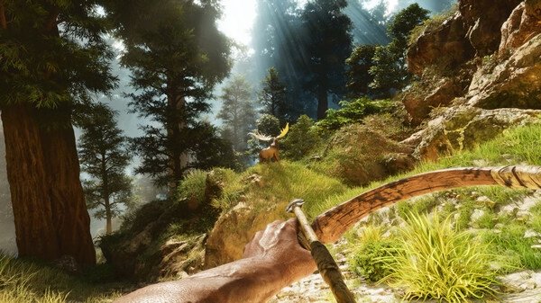 A screenshot from ARK: Survival Ascended showing a player holding a bow, aiming at a deer in a lush forest with sunlight filtering through trees.
