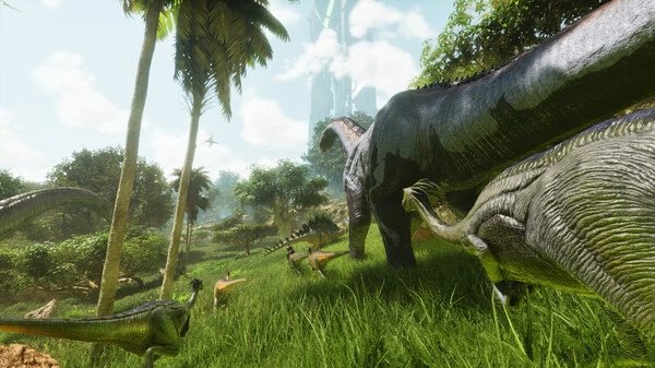 Screenshot from ARK: Survival Ascended showing dinosaurs grazing in a lush, tropical landscape with towering structures in the distance.