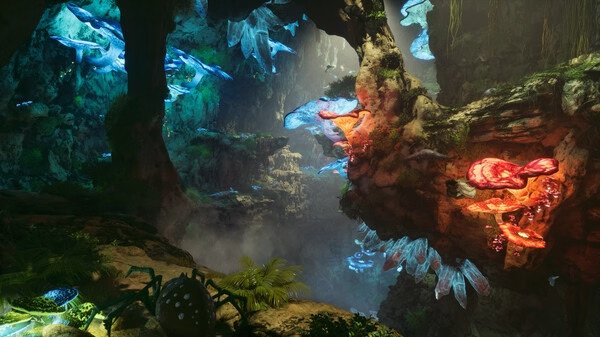 Screenshot from ARK: Survival Ascended showing a vibrant cave with glowing mushrooms and a large spider in the foreground.