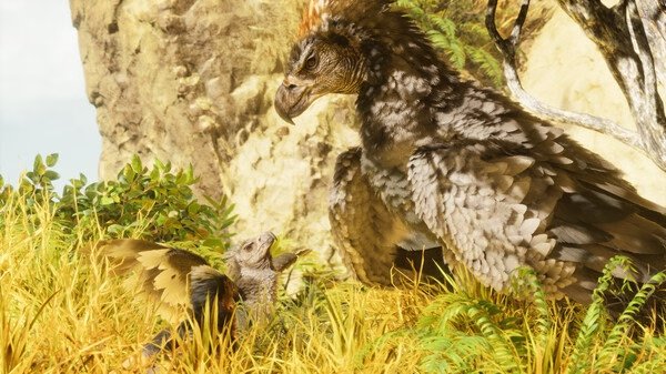A screenshot from ARK: Survival Ascended showing two detailed feathered creatures interacting in a lush, sunny environment.