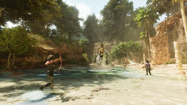 Screenshot from ARK: Survival Ascended showing players in a lush jungle landscape, with one aiming a bow and others exploring.