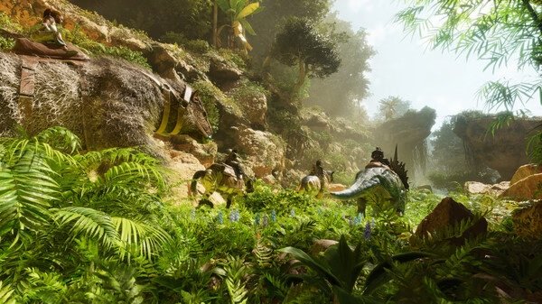 Screenshot from ARK: Survival Ascended showing players riding dinosaurs through a lush jungle landscape with bright green foliage.