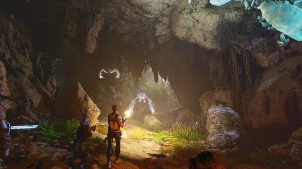 Screenshot from ARK: Survival Ascended showing players exploring a dimly lit cave with glowing crystals and flying creatures.