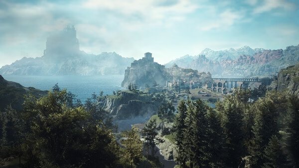 Screenshot from Dragon's Dogma 2 showing a vast landscape with a castle, forest, and mountains under a cloudy sky.