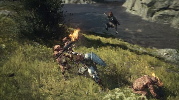 A Dragon's Dogma 2 screenshot showcasing a warrior battling goblins with a shield and sword in a grassy riverside area.