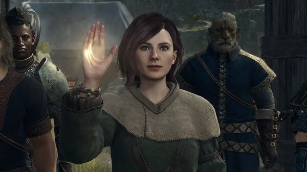 A Dragon's Dogma 2 screenshot showing a character raising a glowing hand, surrounded by companions in a village setting.