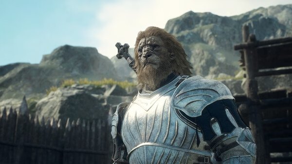 Lion-like warrior in silver armor stands in a mountain fortress in this Dragon's Dogma 2 screenshot.