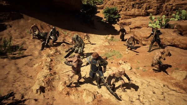 Dragon's Dogma 2 screenshot: A warrior battles multiple monsters in a rocky desert landscape with cacti scattered in the background.