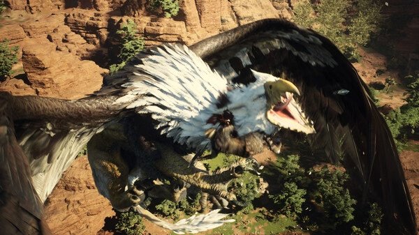 Screenshot from Dragon's Dogma 2 showing a large griffin in flight over a rocky landscape with trees below.