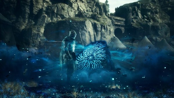 Screenshot from Dragon's Dogma 2 showing a cloaked figure near a glowing blue spiral in a rocky landscape.