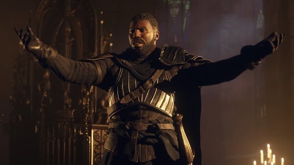 A screenshot from Dragon's Dogma 2 showing a heavily armored character standing in a dimly lit cathedral with arms outstretched.