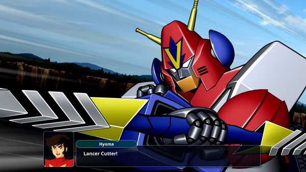 Screenshot of SUPER ROBOT WARS Y showing Hyoma piloting a red mech, using the Lancer Cutter weapon in battle.
