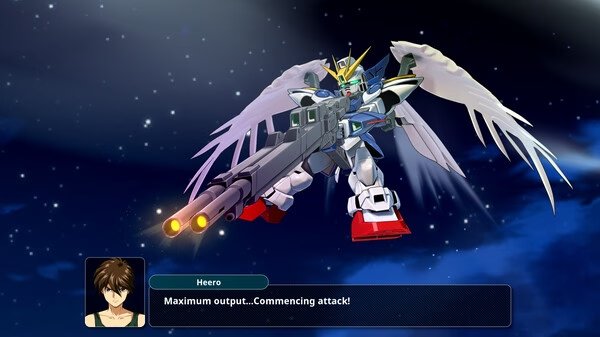 Screenshot from SUPER ROBOT WARS Y showing a giant robot with wings and a large gun, with text: "Maximum output...Commencing attack!"