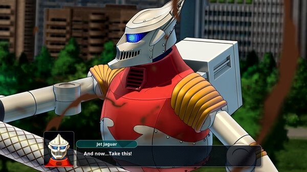 SUPER ROBOT WARS Y screenshot: Jet Jaguar robot stands ready for action in a cityscape, delivering the line, "And now... Take this!"