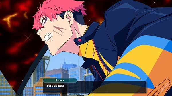 SUPER ROBOT WARS Y screenshot: A character with pink hair, Gauma, energetically shouts "Let's do this!" against a fiery sky backdrop.
