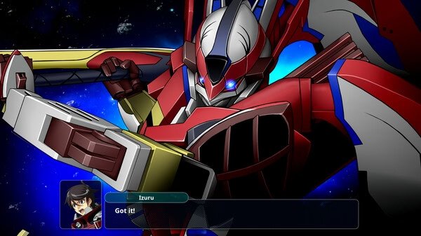 Screenshot from SUPER ROBOT WARS Y showing a red and blue robot wielding a large sword in space, with a character dialogue box below.